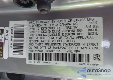 2019 Honda Cr-V Ex from USA, damaged, VIN 2HKRW1H56KH516333